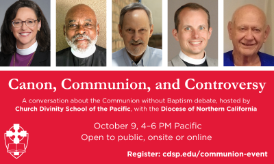 Communion without Baptism event promo image, including panelist headshots